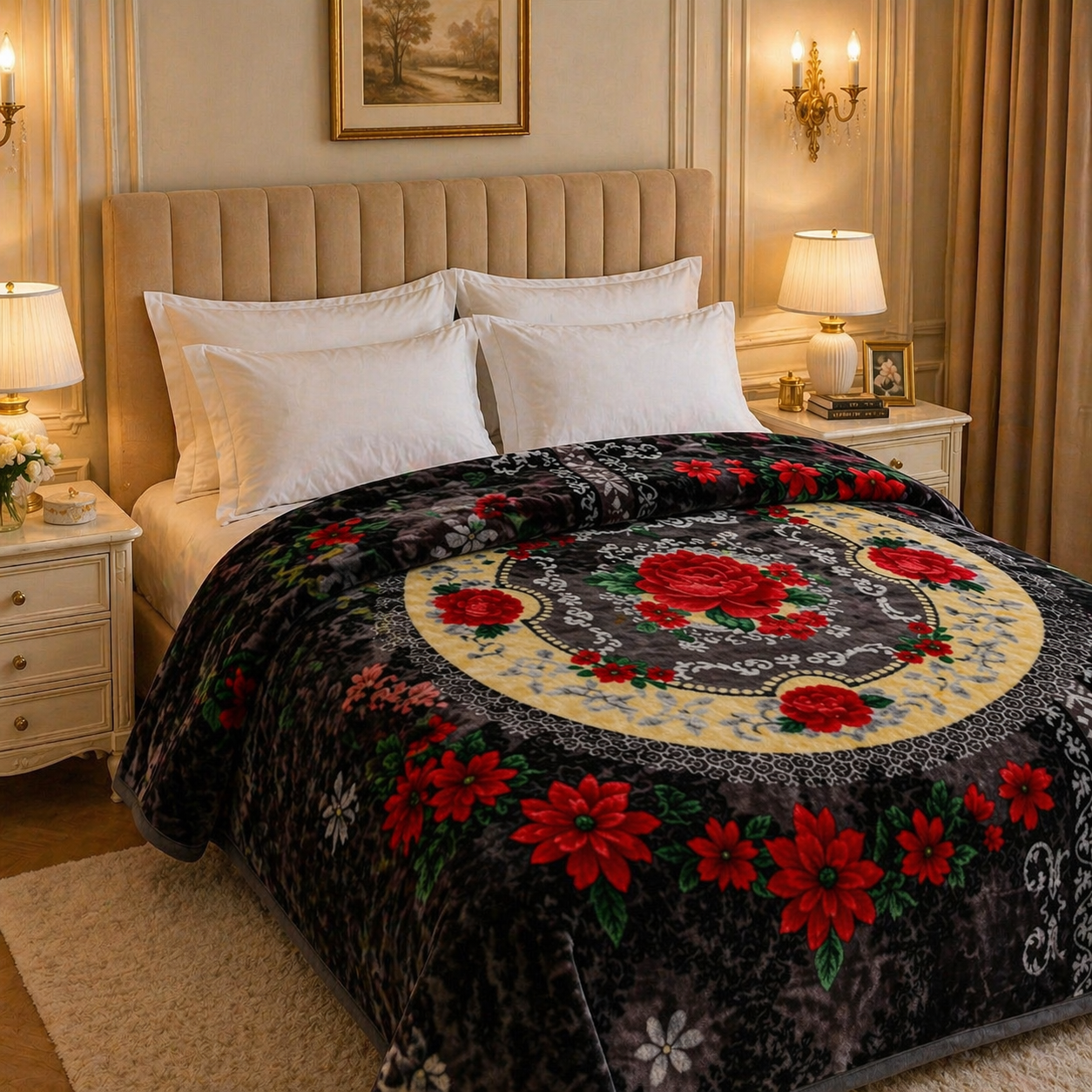 Regalia Crest Double Bed Blanket 2 Ply - Midnight Damask Colour