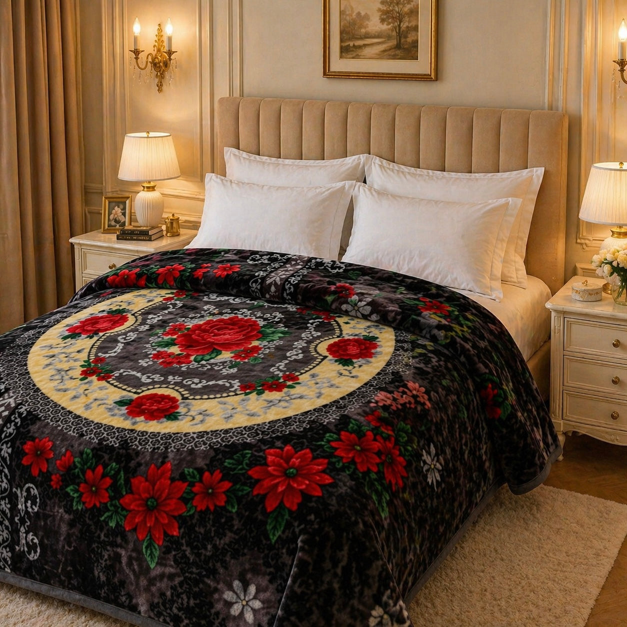Regalia Crest Double Bed Blanket 2 Ply - Midnight Damask Colour
