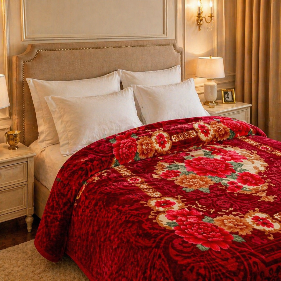 Regalia Crest Double Bed Blanket 2 Ply - Ruby Red Colour