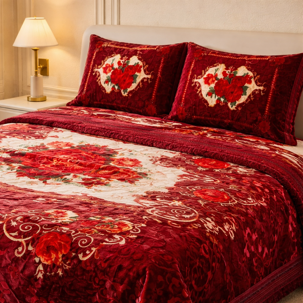 Sona Heritage 4 PCS Bed Spread Set  Box - Mahroon Colour
