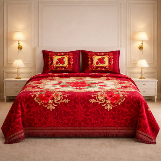 Sona Heritage 4 Pcs  Bed Spread Set Box - Red Colour
