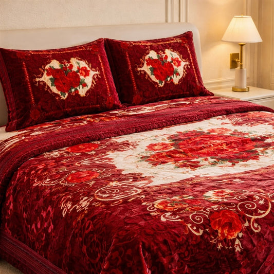 Sona Heritage 4 Pcs Blanket Bed Spread Set Box - Mahroon Colour