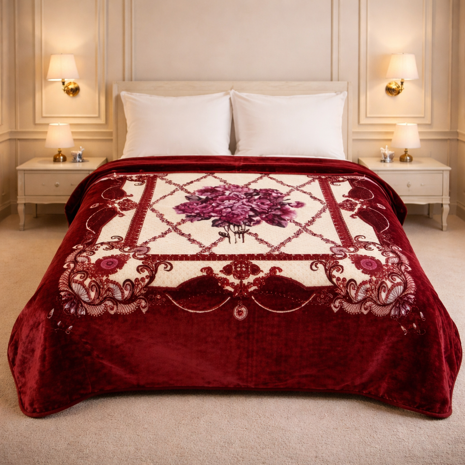 Sona Heritage Double Bed Cloudy Blanket 2 Ply  - Rich Plum Colour