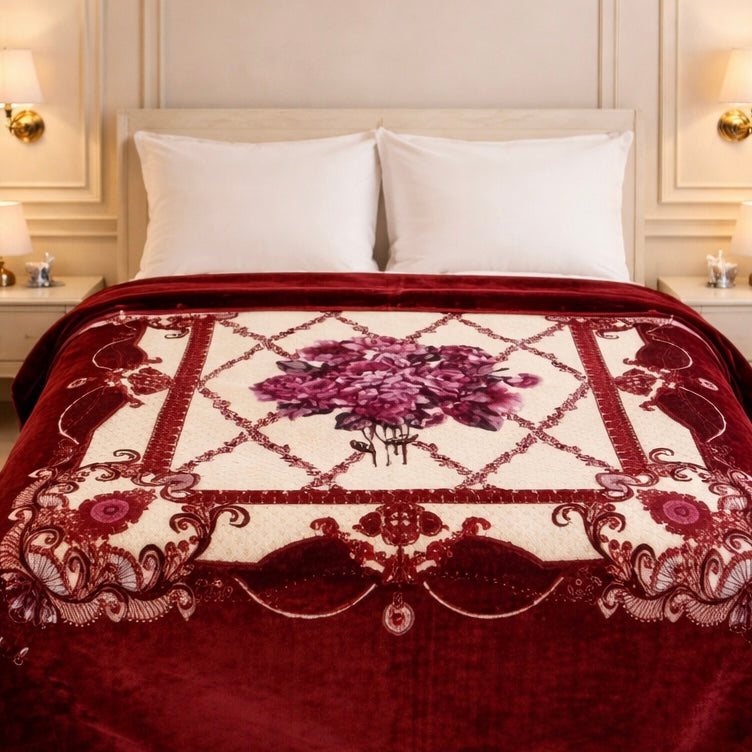 Sona Heritage Double Bed Cloudy Blanket 2 Ply  - Rich Plum Colour
