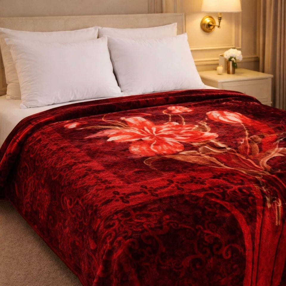 Sona Heritage Double Bed Cloudy Blanket 2 Ply  - Crimson Heirloom Colour