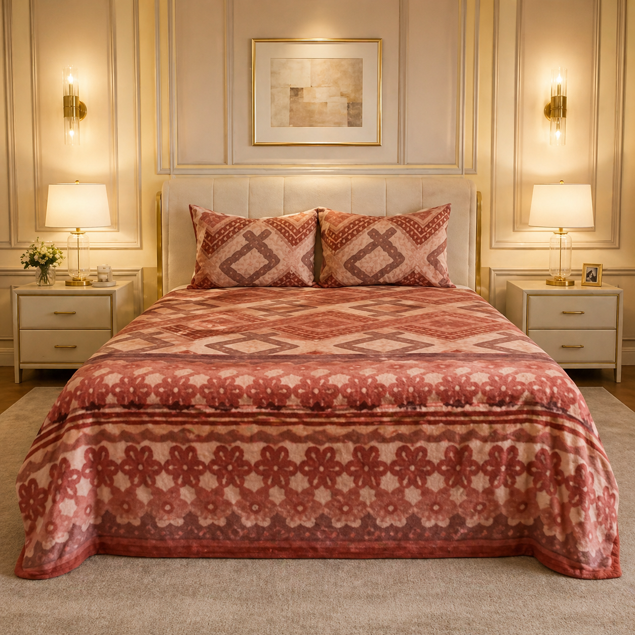 SonataCloud 4 Pcs Fleece Bed Spread Set - Deep Rust Colour