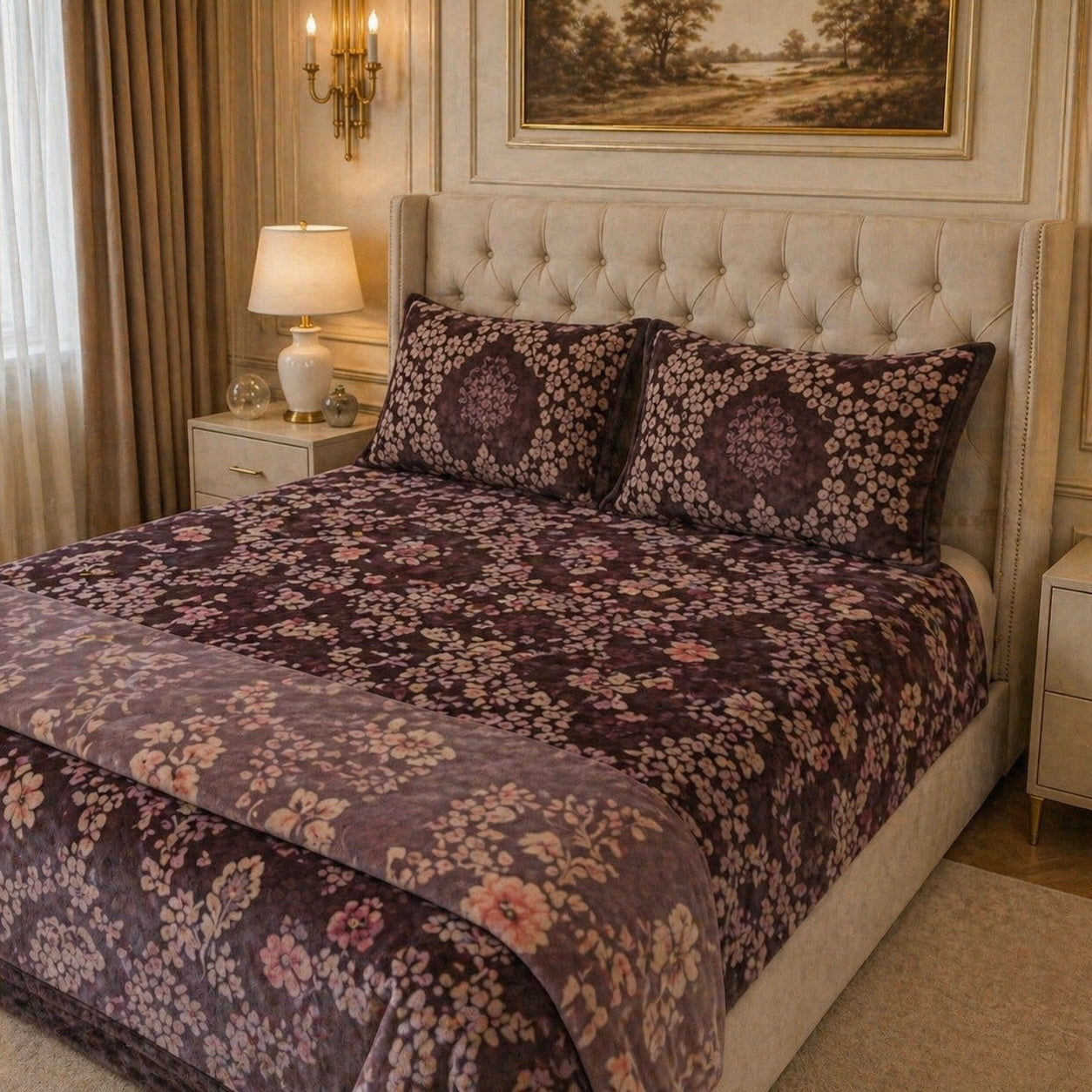 SonataCloud 4 Pcs Fleece Bed Spread Set - Rich Plum Colour