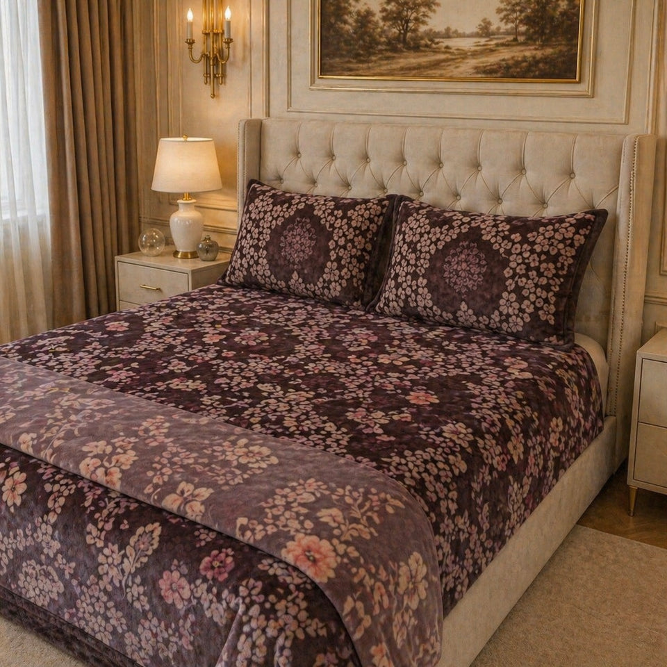 SonataCloud 4 Pcs Fleece Bed Spread Set - Rich Plum Colour