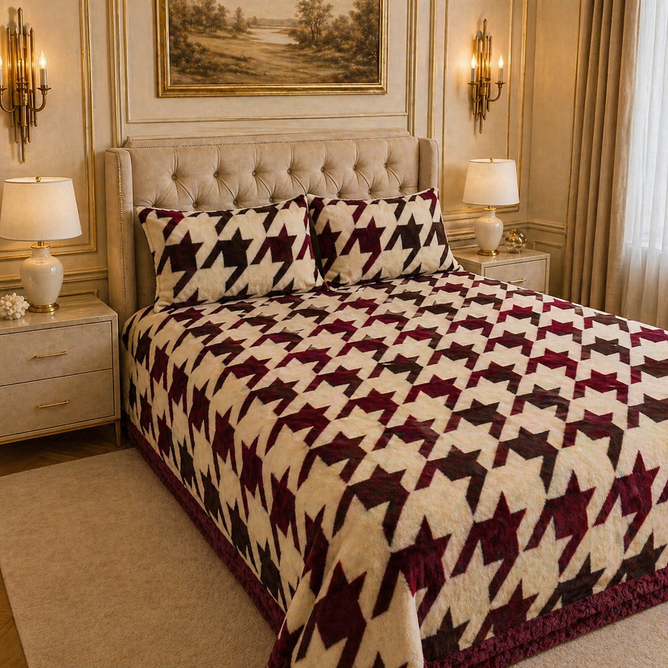 SonataCloud 4 Pcs Fleece Bed Spread Set - Red&offwhite Colour