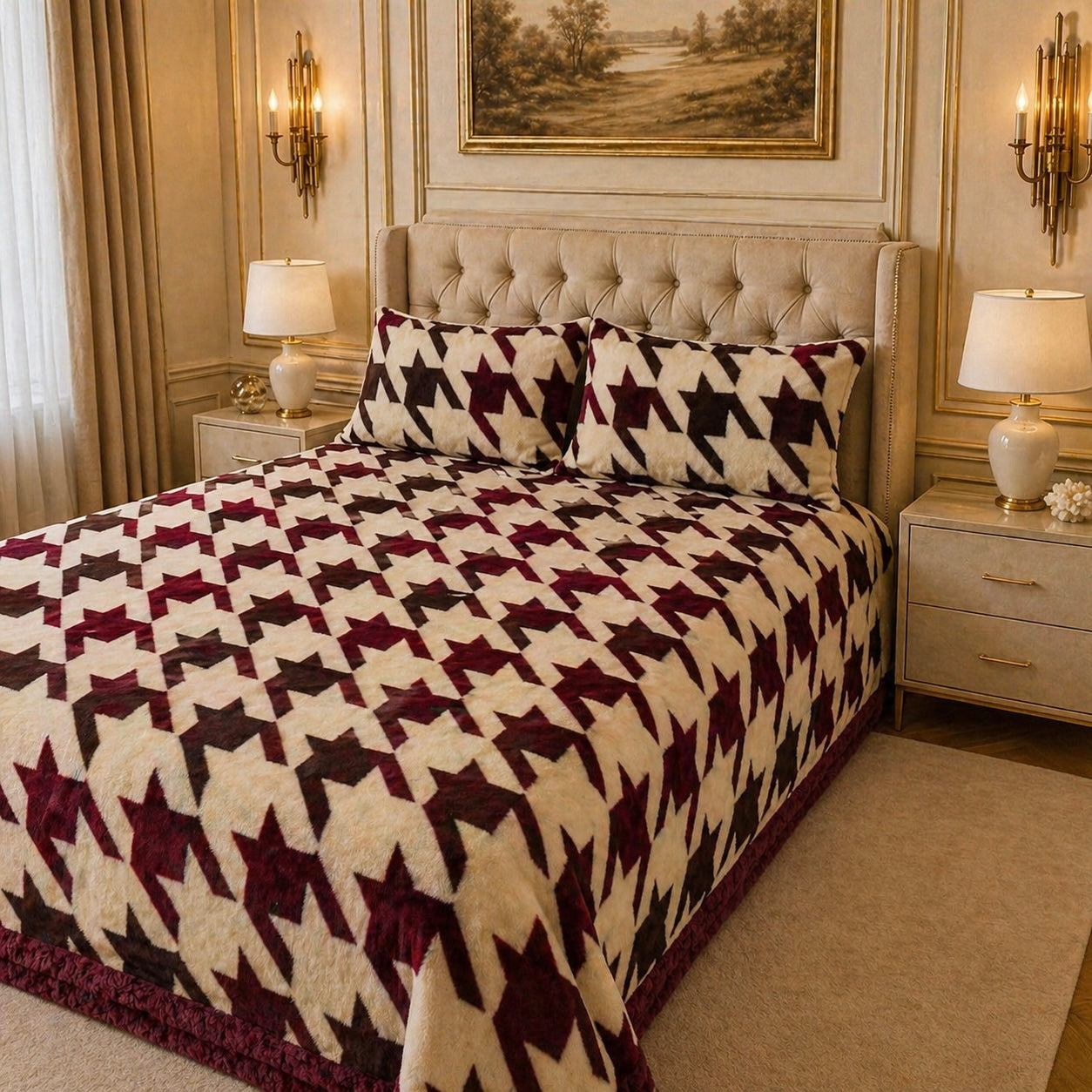 SonataCloud 4 Pcs Fleece Bed Spread Set - Red&offwhite Colour