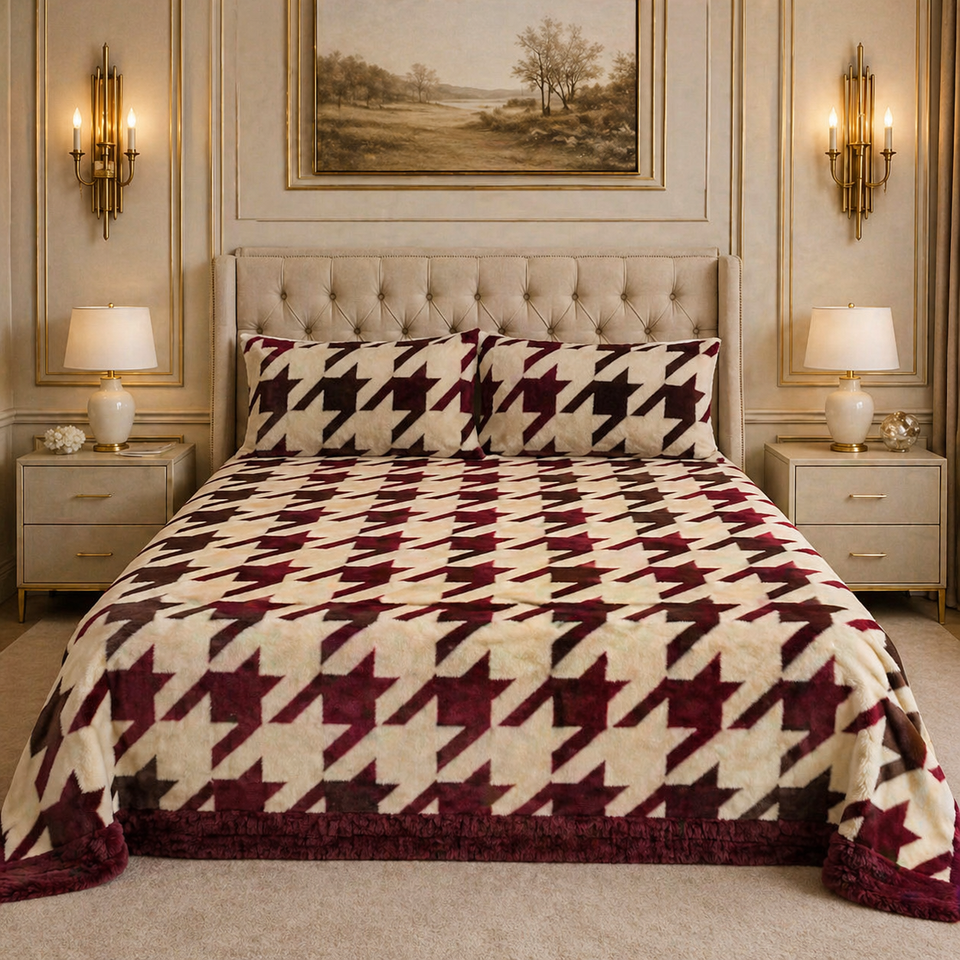 SonataCloud 4 Pcs Fleece Bed Spread Set - Red&offwhite Colour