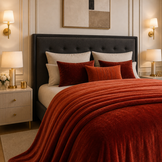 Spring Vale Jacquard Fleece King Size Blanket 1 Ply - Rust Red Colour