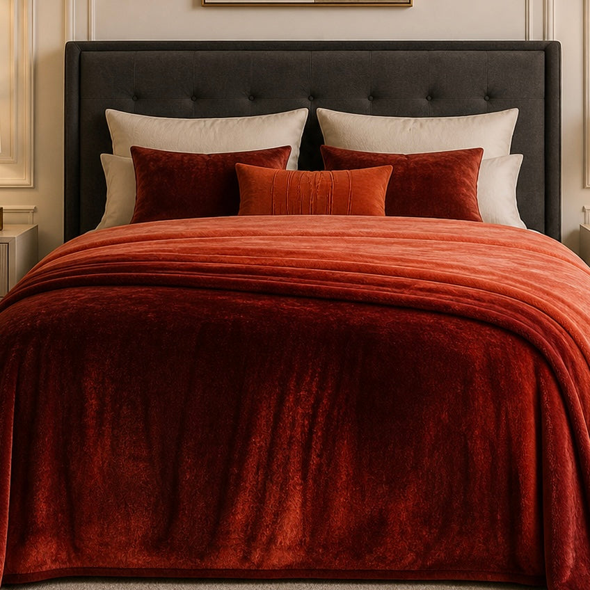 Spring Vale Jacquard Fleece King Size Blanket 1 Ply - Rust Red Colour