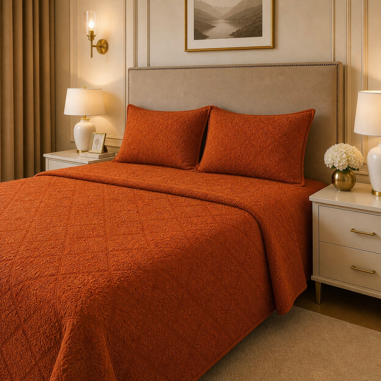 Uniloom Borderline Fleece King Size Blanket 1 Ply - Rust Orange Colour