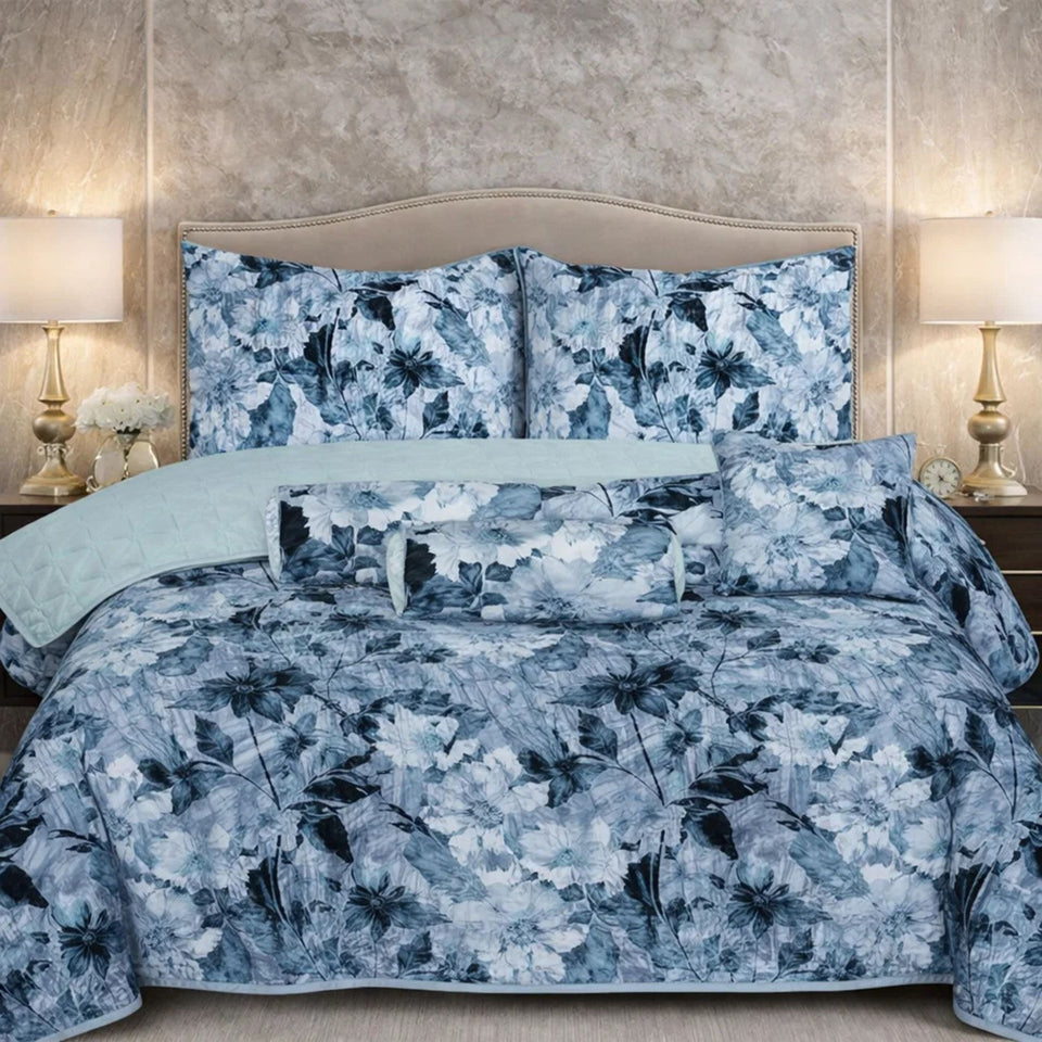 Verdant Leaf Quilted 7 Pcs Bed Spread Set Poly Bag - Sky Blue Colour