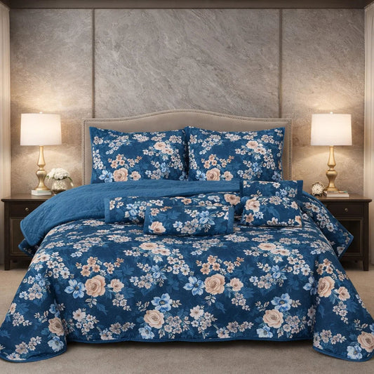 Verdant Leaf Quilted 7 Pcs Bed Spread Set Poly Bag - Navy Blue Colour