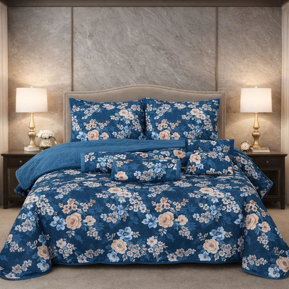 Verdant Leaf Quilted 7 Pcs Bed Spread Set Poly Bag - Navy Blue Colour