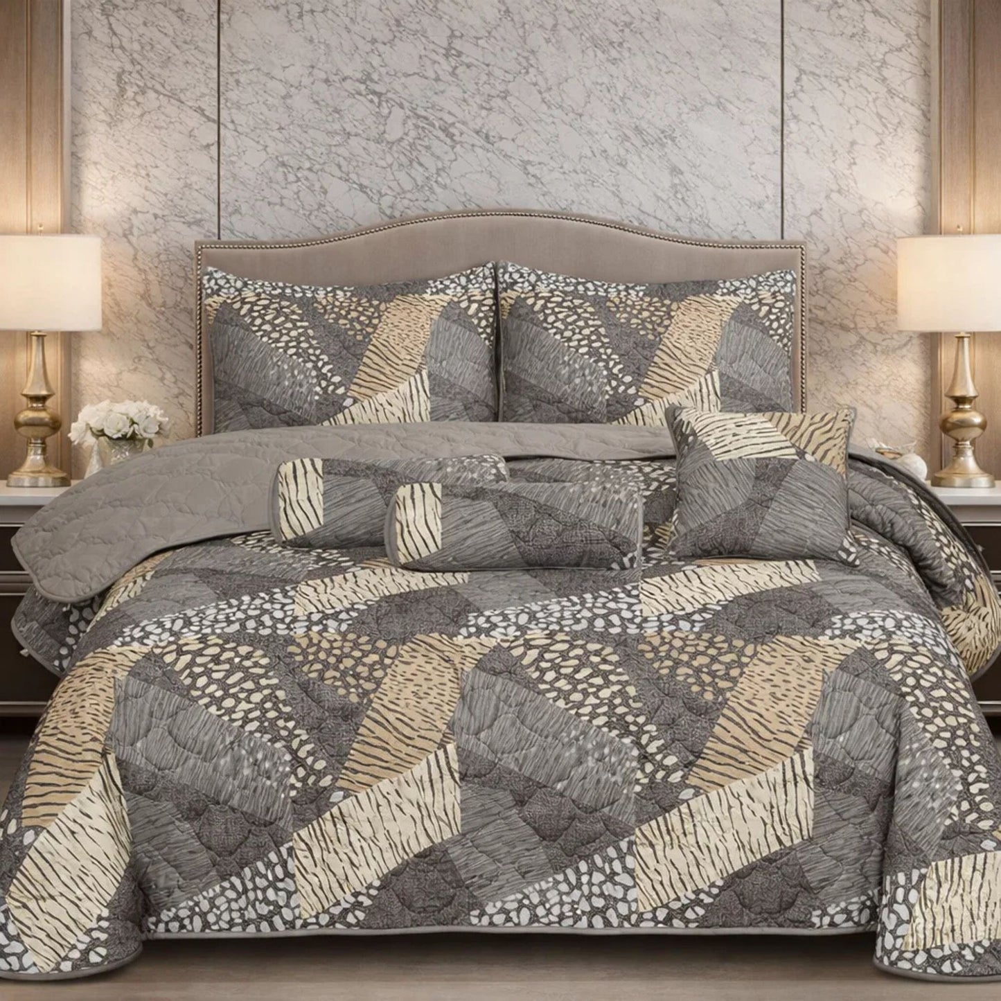 Verdant Leaf Quilted 7 Pcs Bed Spread Set Poly Bag - Slate Gray Colour