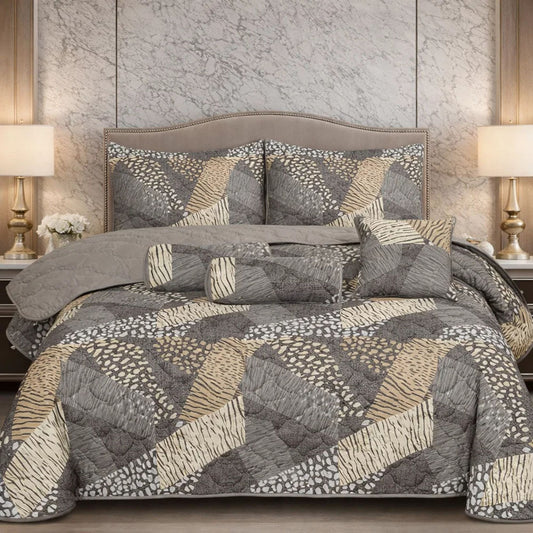 Verdant Leaf Quilted 7 Pcs Bed Spread Set Poly Bag - Slate Gray Colour