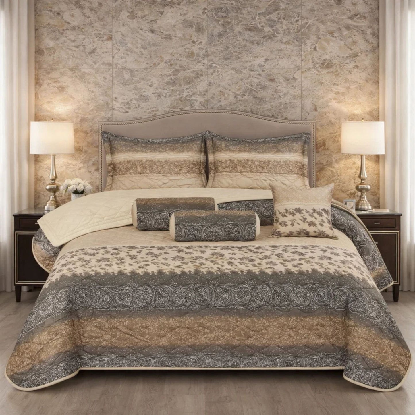 Verdant Leaf Quilted 7 Pcs Bed Spread Set Poly Bag - Light Beige Colour