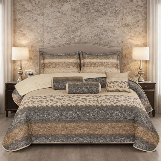 Verdant Leaf Quilted 7 Pcs Bed Spread Set Poly Bag - Light Beige Colour