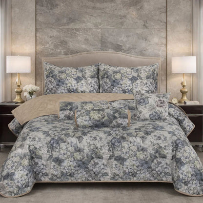 Verdant Leaf Quilted 7 Pcs Bed Spread Set Poly Bag - Dark Gray Colour