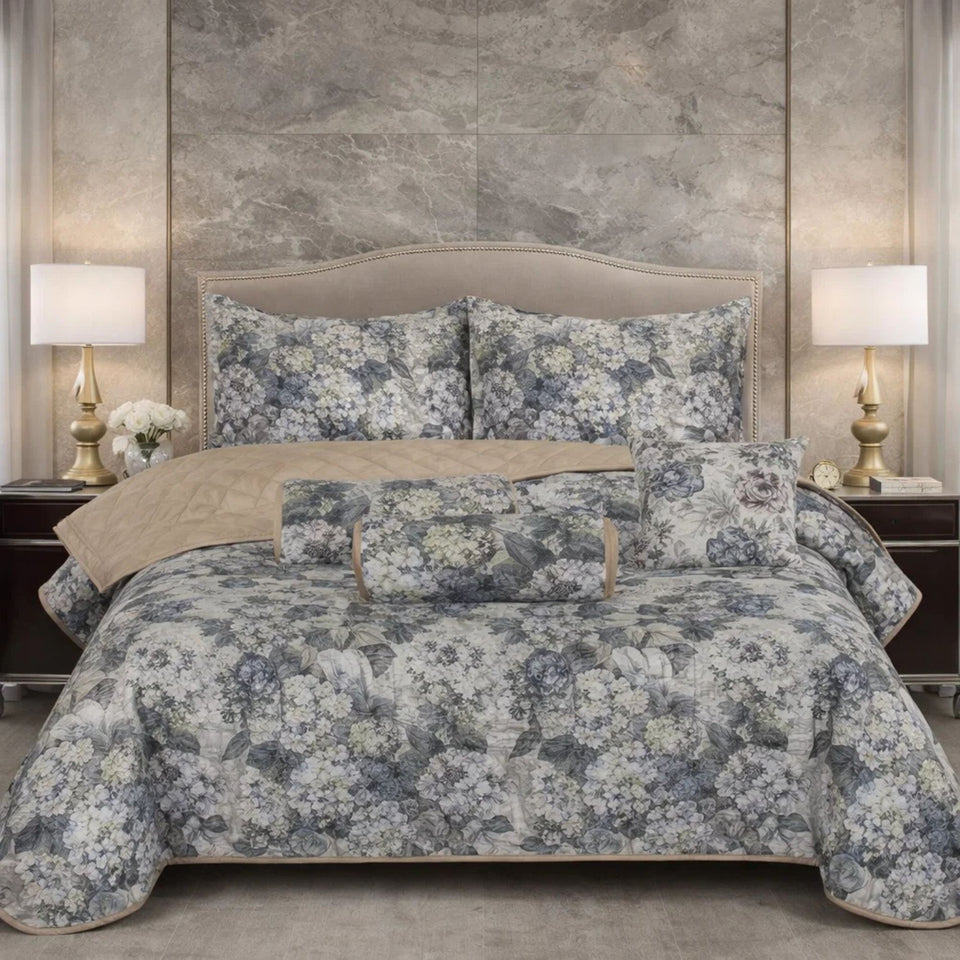 Verdant Leaf Quilted 7 Pcs Bed Spread Set Poly Bag - Dark Gray Colour
