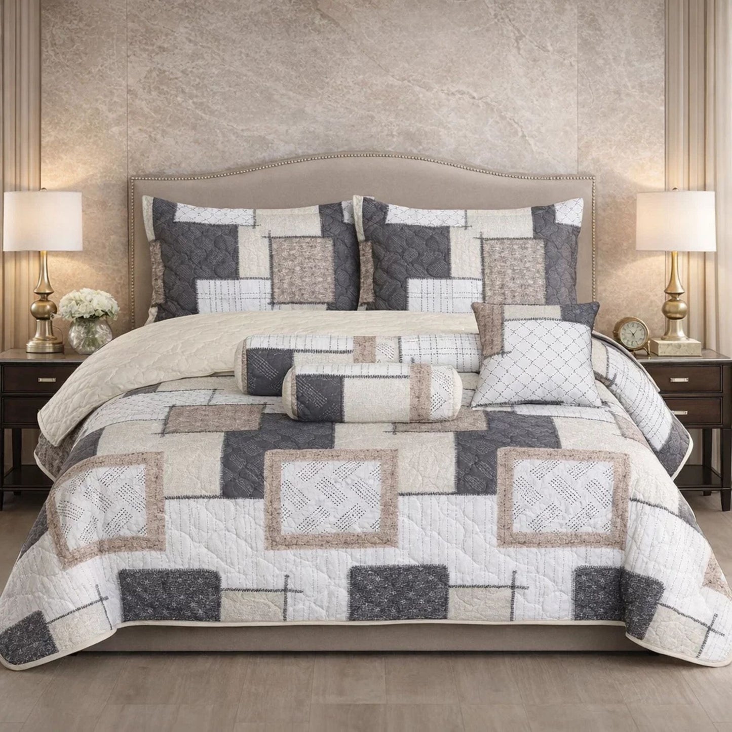 Verdant Leaf Quilted 7 Pcs Bed Spread Set Poly Bag - White Colour