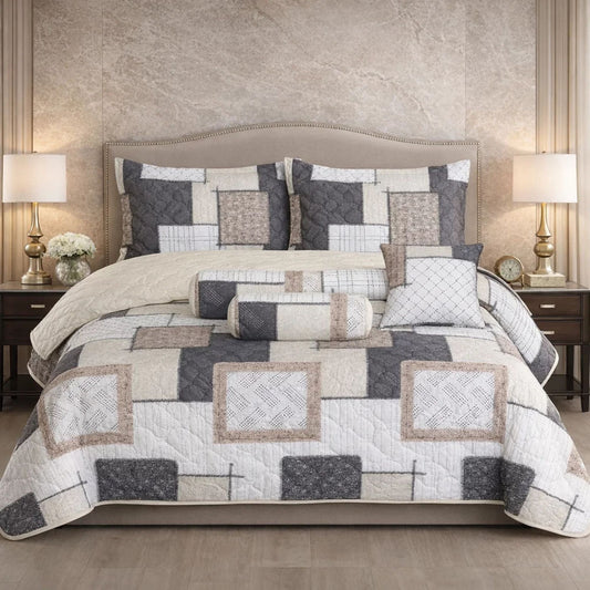 Verdant Leaf Quilted 7 Pcs Bed Spread Set Poly Bag - White Colour