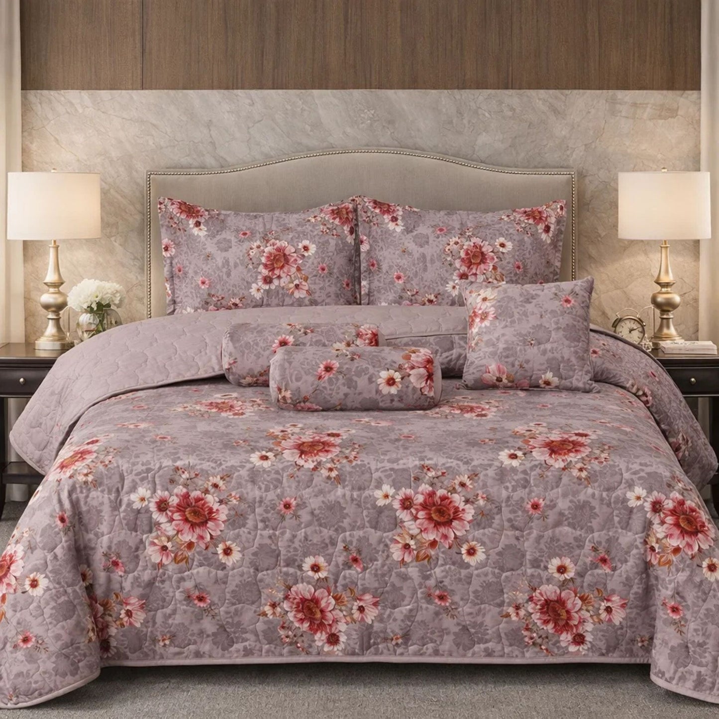 Verdant Leaf Quilted 7 Pcs Bed Spread Set Poly Bag - Light Pink Colour