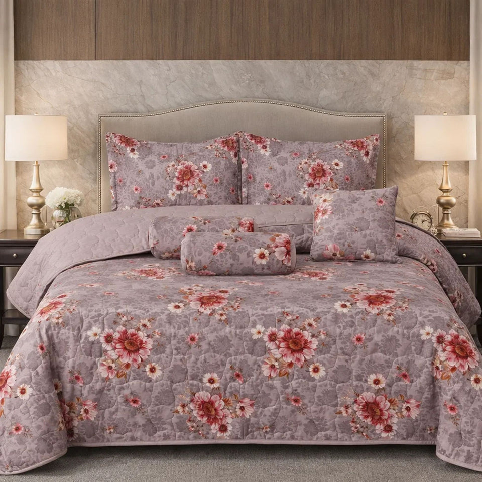 Verdant Leaf Quilted 7 Pcs Bed Spread Set Poly Bag - Light Pink Colour