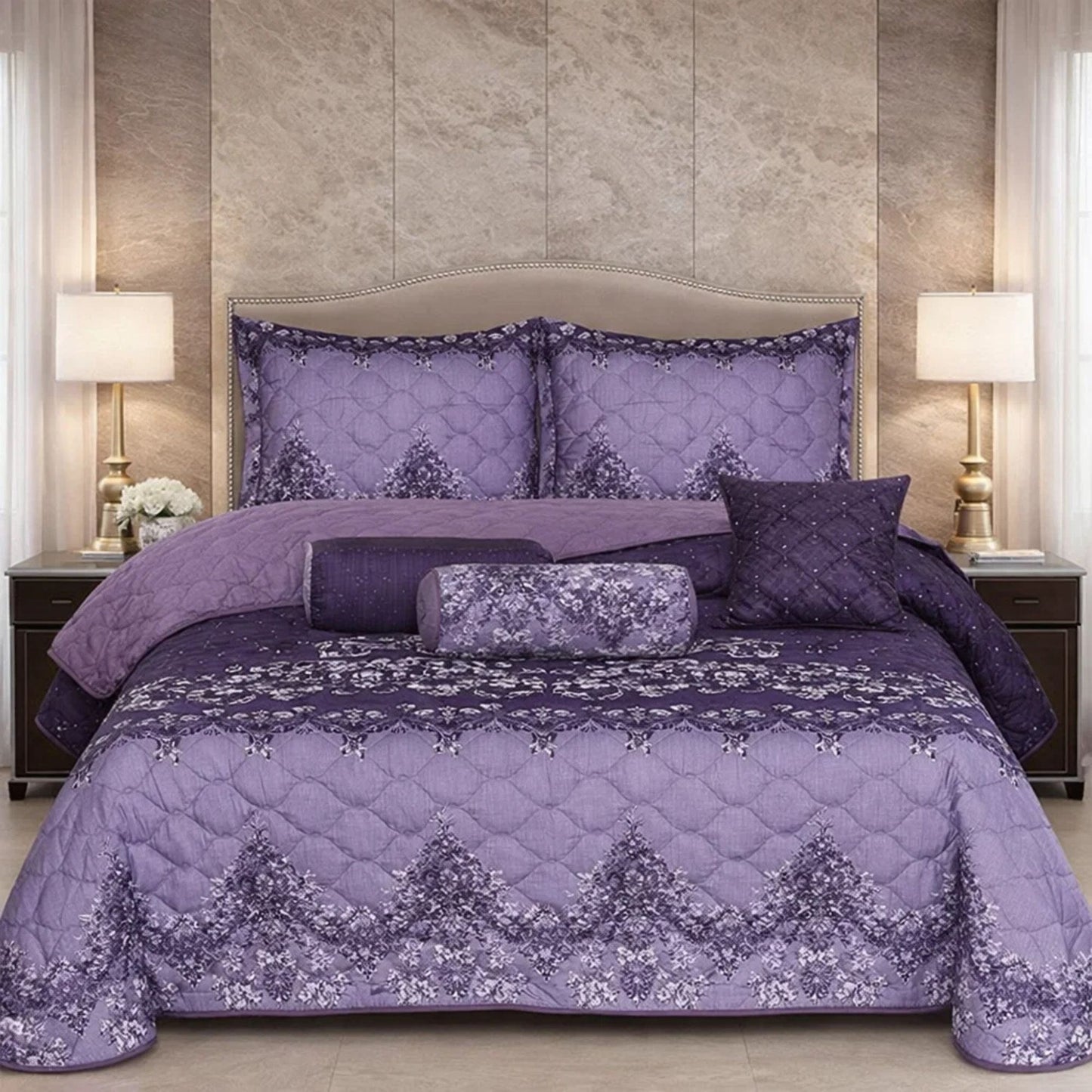 Verdant Leaf Quilted 7 Pcs Bed Spread Set Poly Bag - Purple Colour
