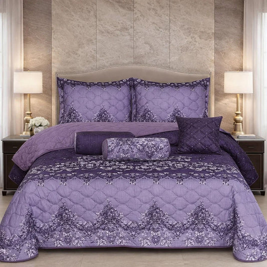 Verdant Leaf Quilted 7 Pcs Bed Spread Set Poly Bag - Purple Colour