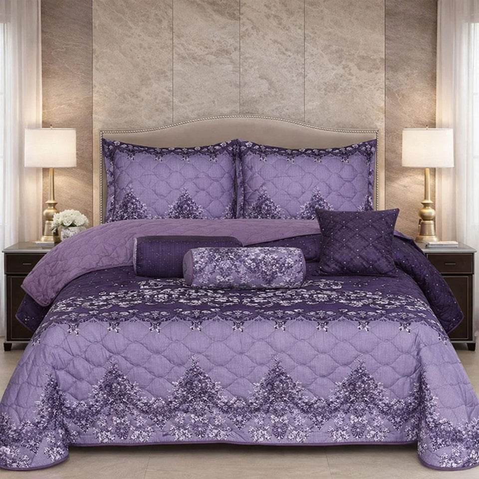 Verdant Leaf Quilted 7 Pcs Bed Spread Set Poly Bag - Purple Colour