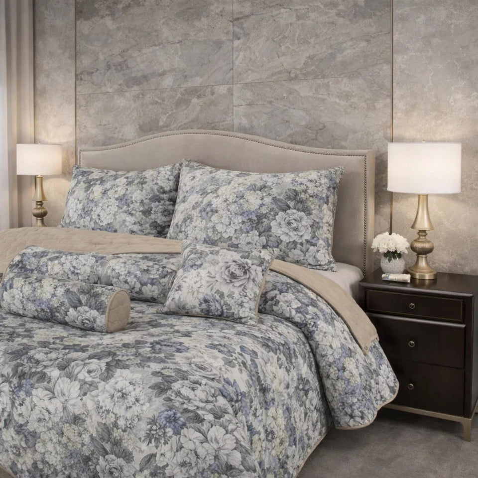 Verdant Leaf Quilted 7 Pcs Bed Spread Set Poly Bag - Dark Gray Colour