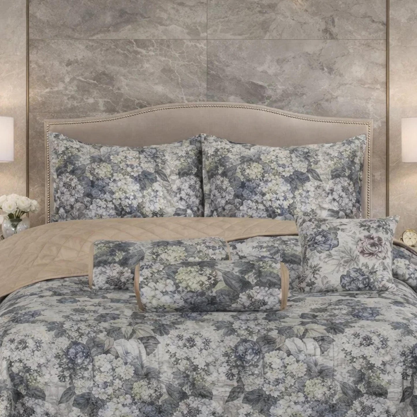 Verdant Leaf Quilted 7 Pcs Bed Spread Set Poly Bag - Dark Gray Colour