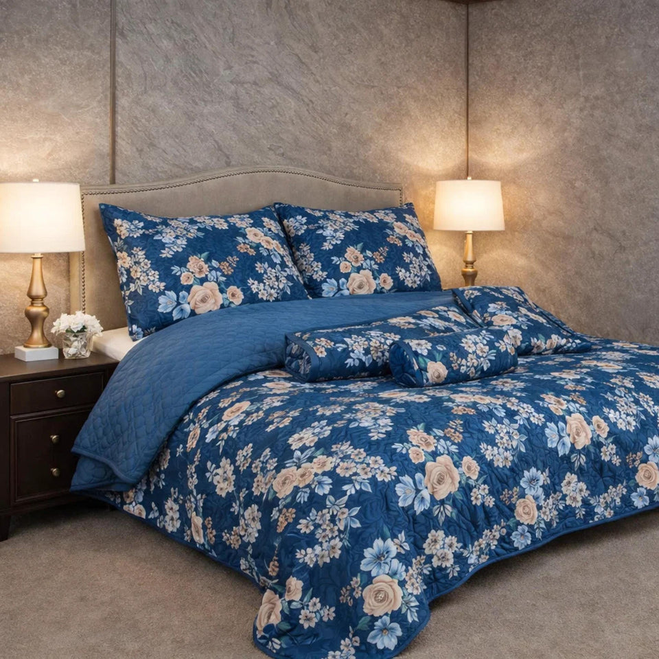 Verdant Leaf Quilted 7 Pcs Bed Spread Set Poly Bag - Navy Blue Colour