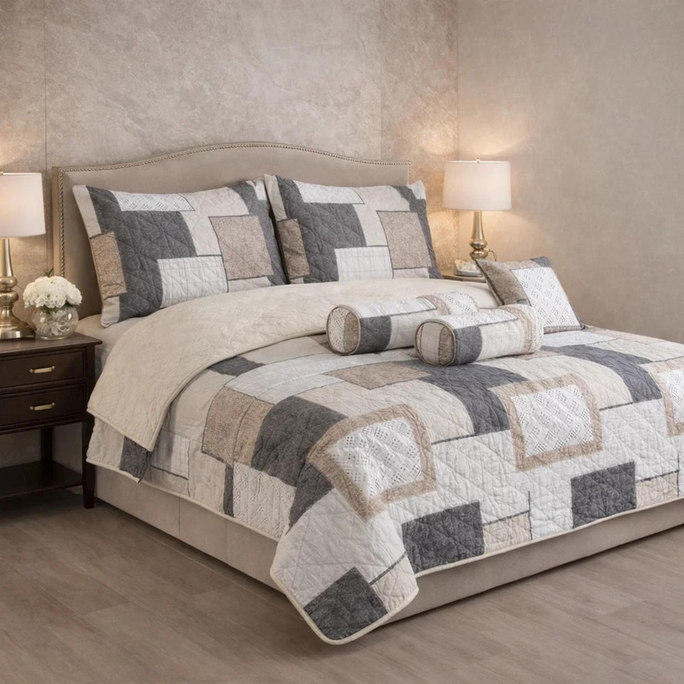 Verdant Leaf Quilted 7 Pcs Bed Spread Set Poly Bag - White Colour