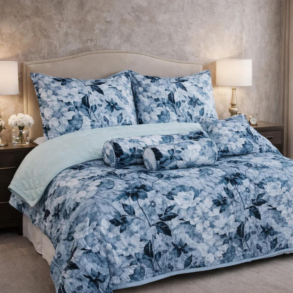 Verdant Leaf Quilted 7 Pcs Bed Spread Set Poly Bag - Sky Blue Colour