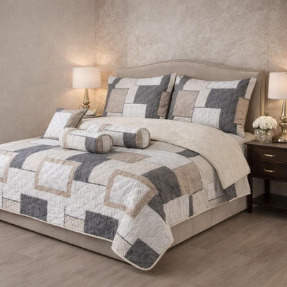 Verdant Leaf Quilted 7 Pcs Bed Spread Set Poly Bag - White Colour