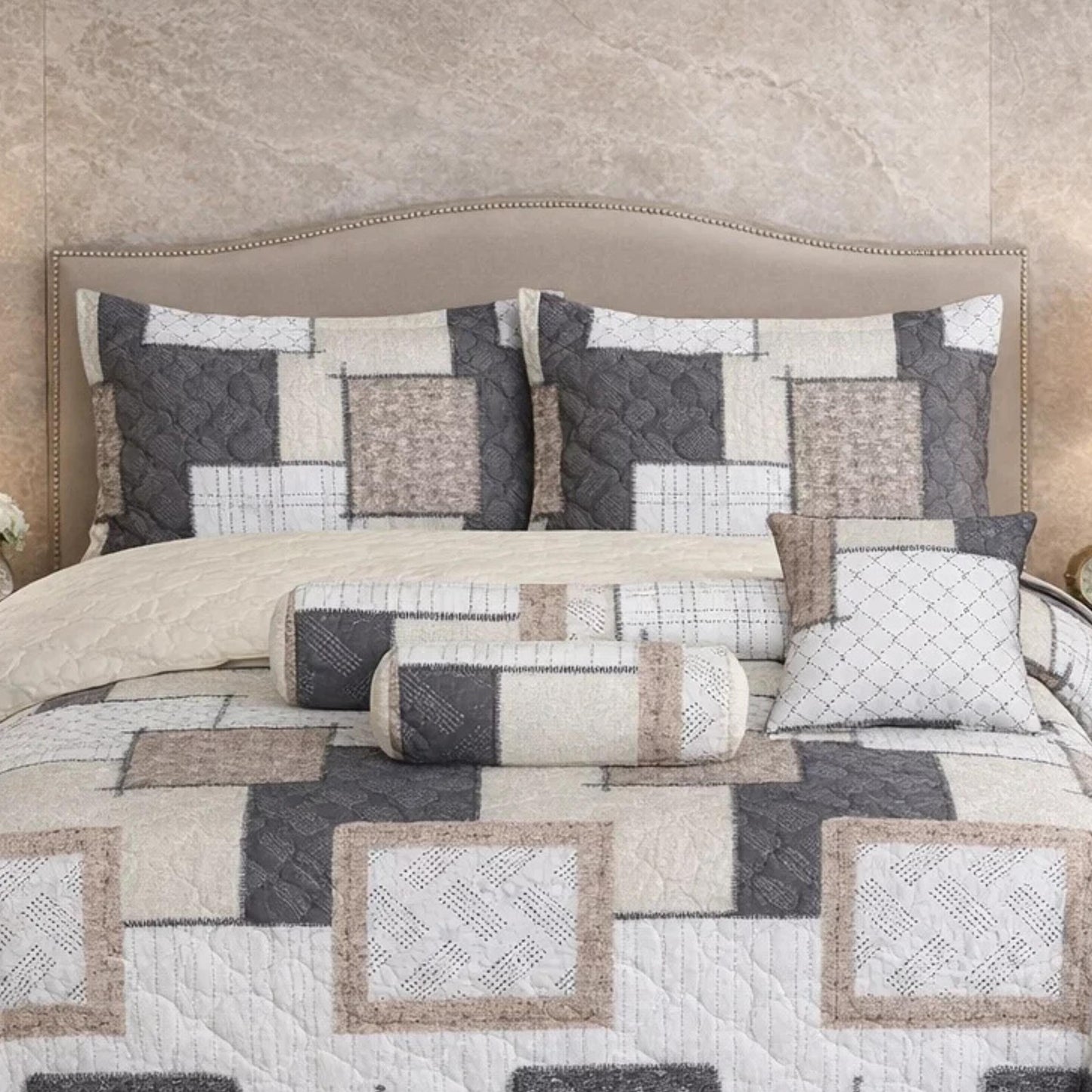 Verdant Leaf Quilted 7 Pcs Bed Spread Set Poly Bag - White Colour