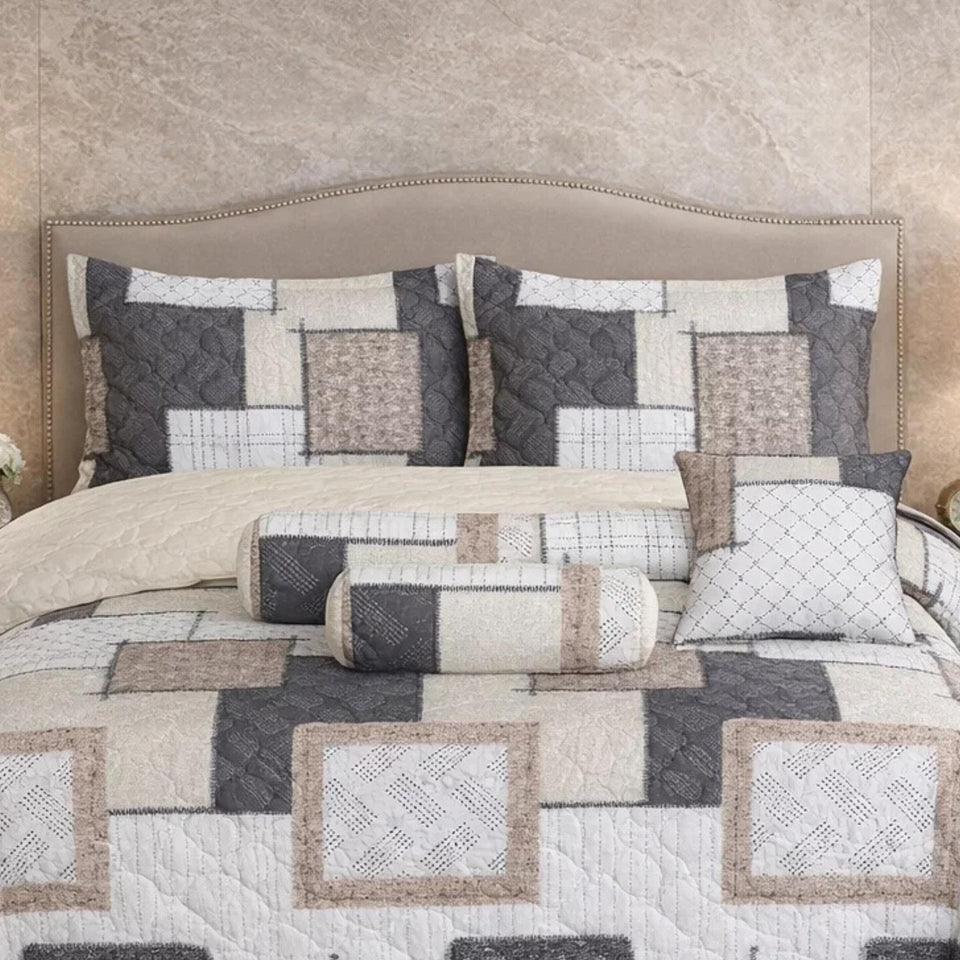 Verdant Leaf Quilted 7 Pcs Bed Spread Set Poly Bag - White Colour