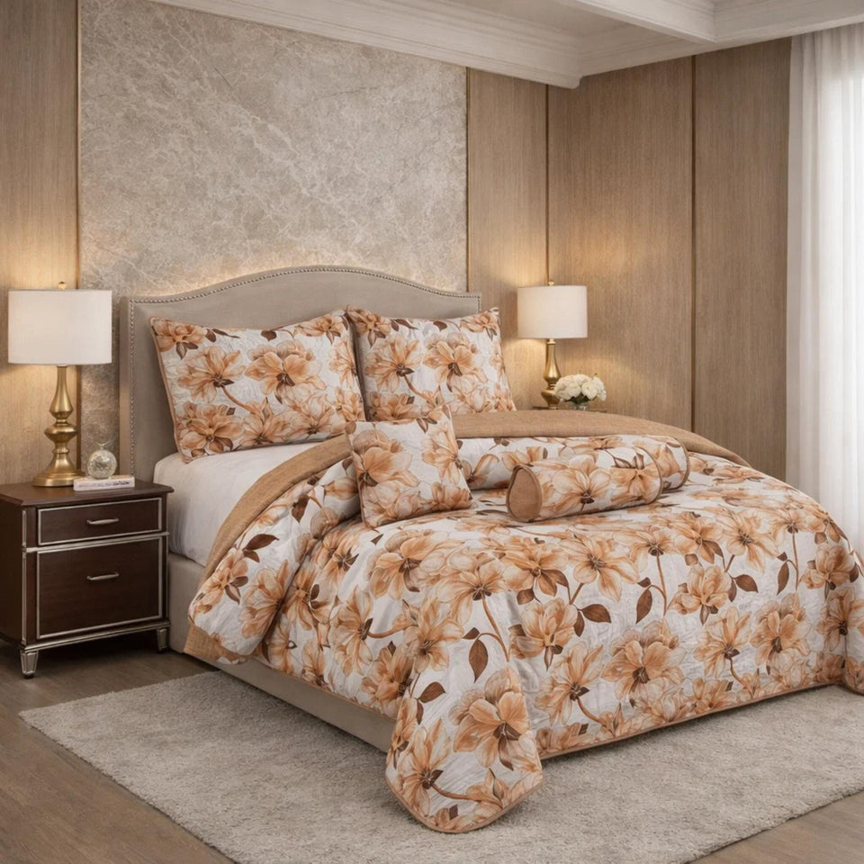 Verdant Leaf Quilted 7 Pcs Bed Spread Set Poly Bag - Honey Mustard Colour