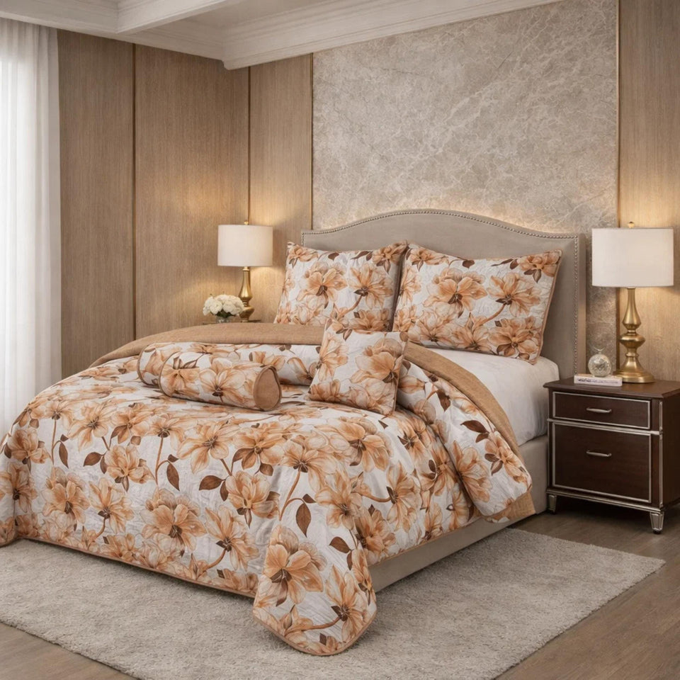 Verdant Leaf Quilted 7 Pcs Bed Spread Set Poly Bag - Honey Mustard Colour