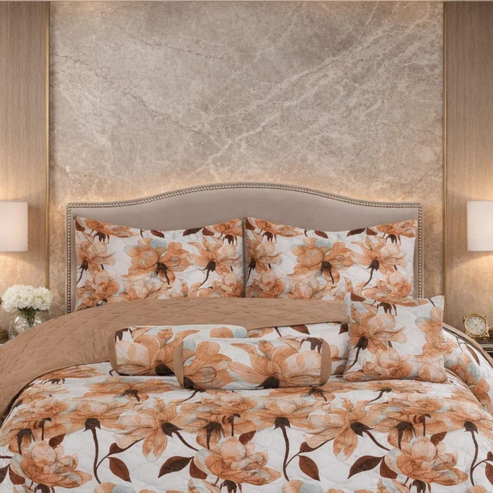 Verdant Leaf Quilted 7 Pcs Bed Spread Set Poly Bag - Honey Mustard Colour