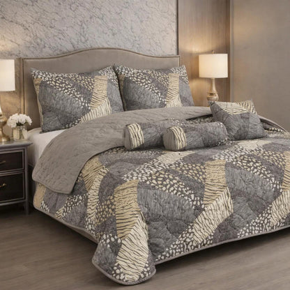Verdant Leaf Quilted 7 Pcs Bed Spread Set Poly Bag - Slate Gray Colour