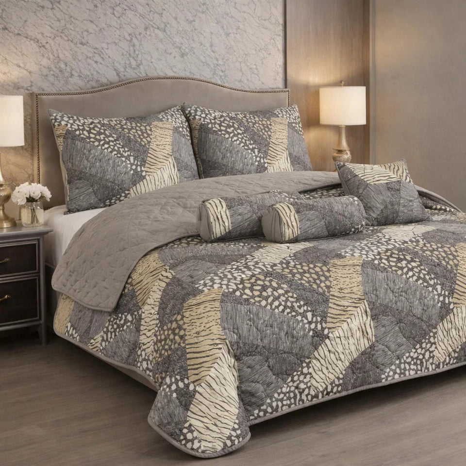 Verdant Leaf Quilted 7 Pcs Bed Spread Set Poly Bag - Slate Gray Colour