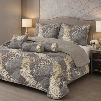 Verdant Leaf Quilted 7 Pcs Bed Spread Set Poly Bag - Slate Gray Colour