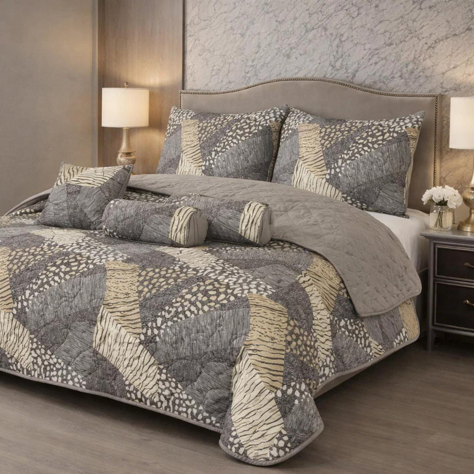 Verdant Leaf Quilted 7 Pcs Bed Spread Set Poly Bag - Slate Gray Colour