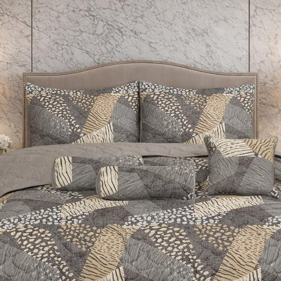Verdant Leaf Quilted 7 Pcs Bed Spread Set Poly Bag - Slate Gray Colour